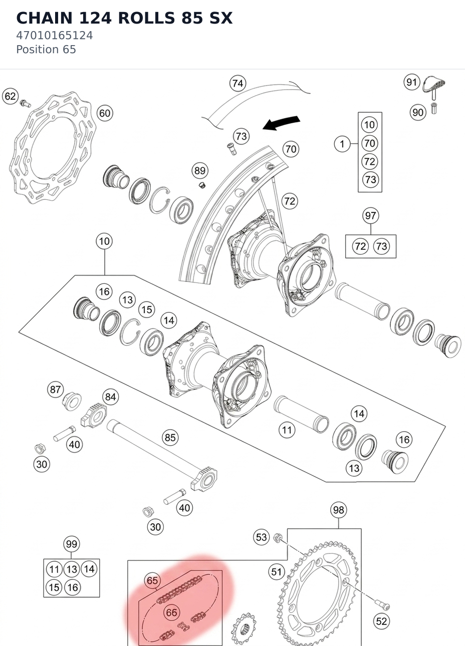 Diagram preview: CHAIN 124 ROLLS 85 SX (47010165124)