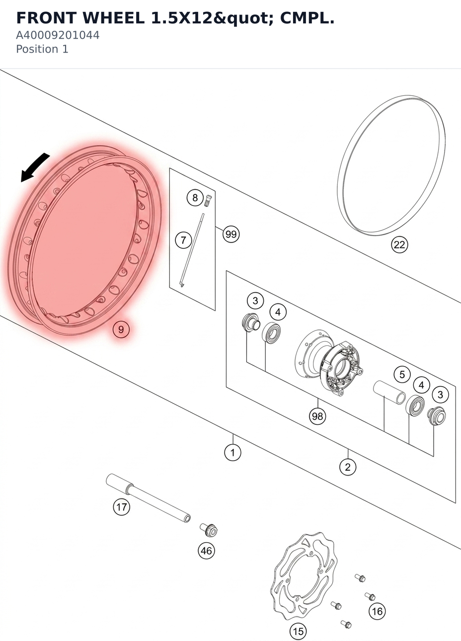 Diagram preview: FRONT WHEEL 1.5X12" CMPL. (A40009201044)