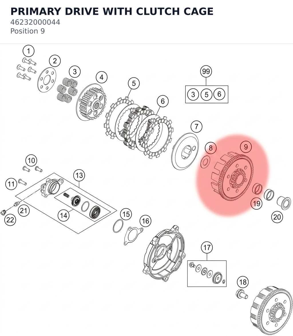 Diagram preview: PRIMARY DRIVE WITH CLUTCH CAGE (46232000044)