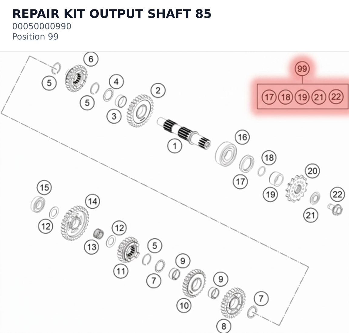 Diagram preview: REPAIR KIT OUTPUT SHAFT 85 (00050000990)