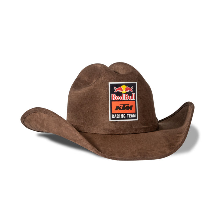 Brown cowboy hat with Red Bull KTM Racing Team logo on a white background
