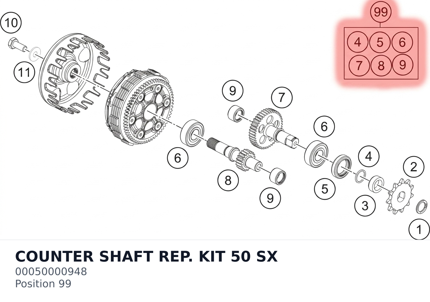 Diagram preview: COUNTER SHAFT REP. KIT 50 SX (00050000948)