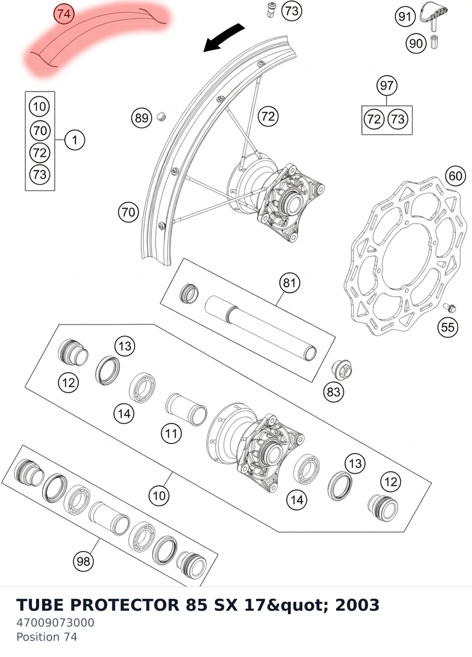 Diagram preview: TUBE PROTECTOR 85 SX 17" 2003 (47009073000)
