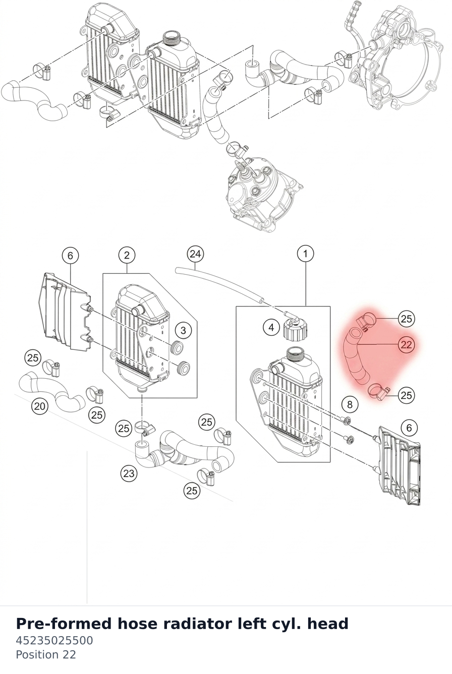 Diagram preview: Pre-formed hose radiator left cyl. head (45235025500)