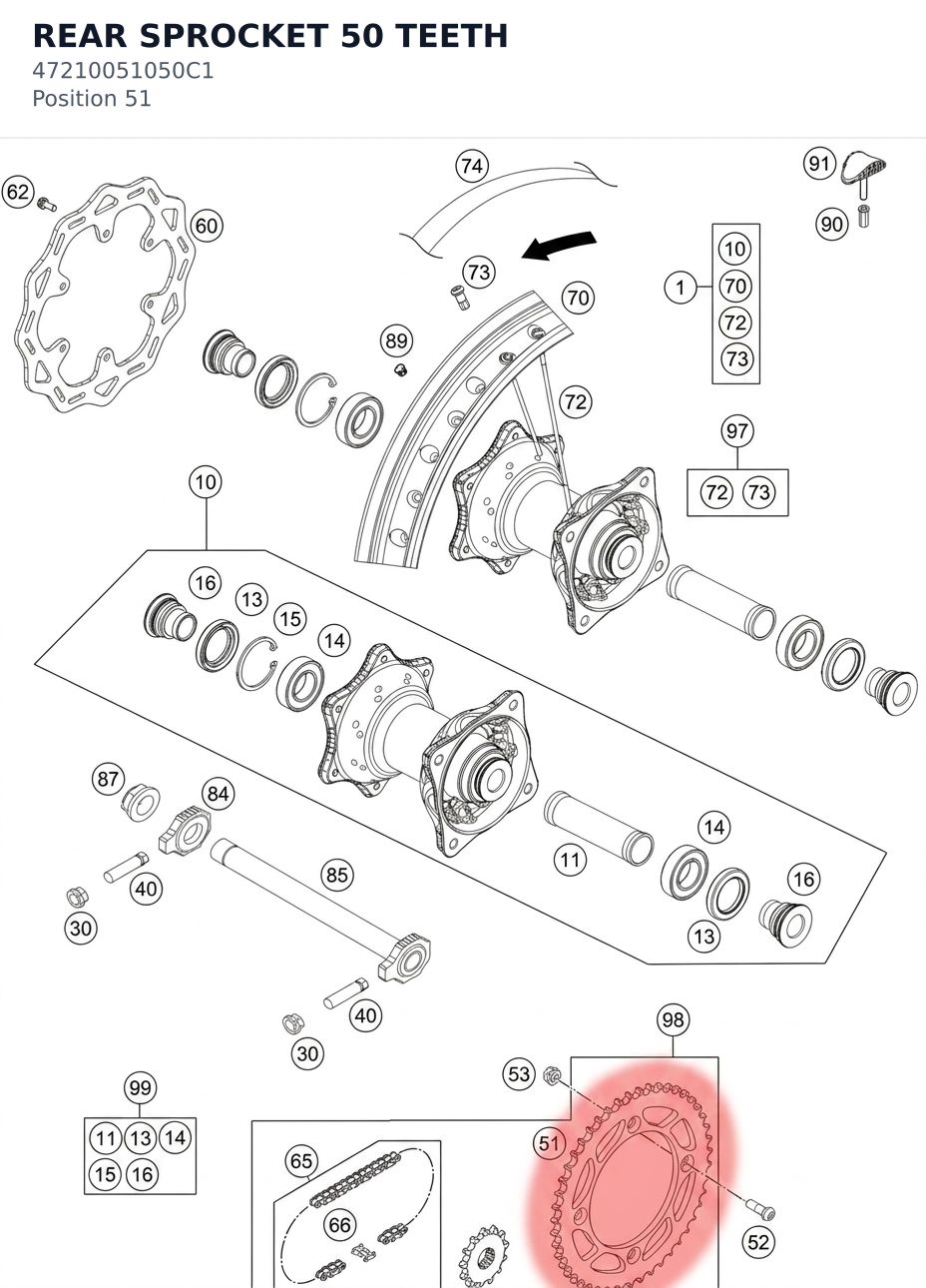 Diagram preview: REAR SPROCKET 50 TEETH (47210051050C1)
