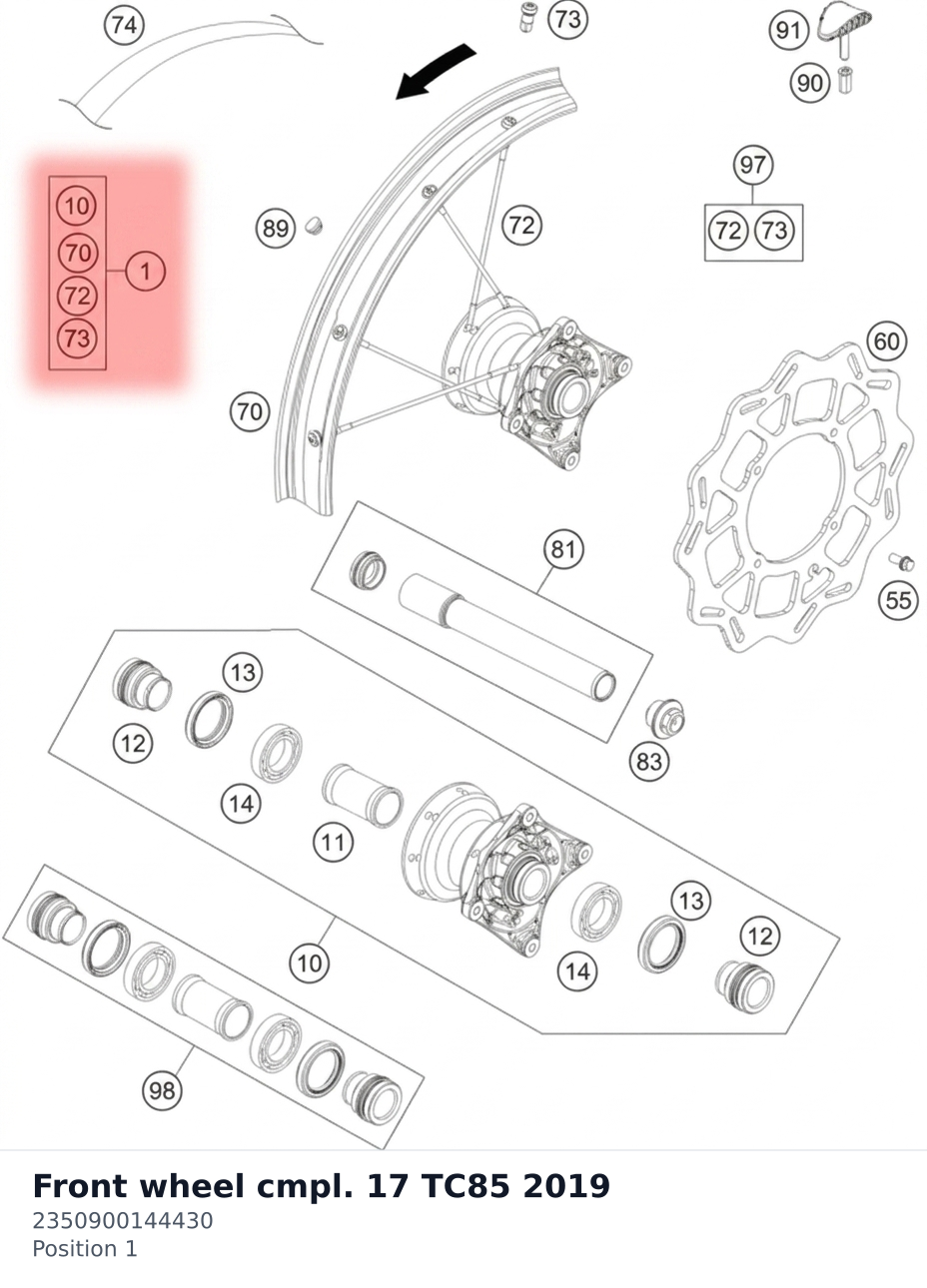 Diagram preview: Front wheel cmpl. 17 TC85 2019 (2350900144430)