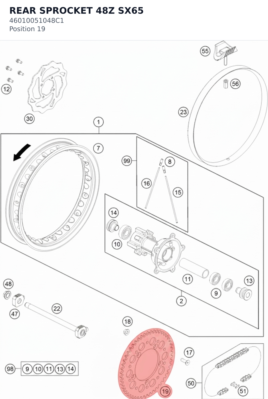 Diagram preview: REAR SPROCKET 48Z SX65 (46010051048C1)