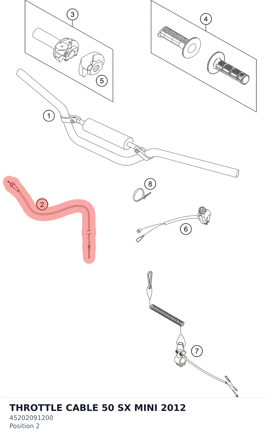 Diagram preview: THROTTLE CABLE 50 SX MINI 2012 (45202091200)