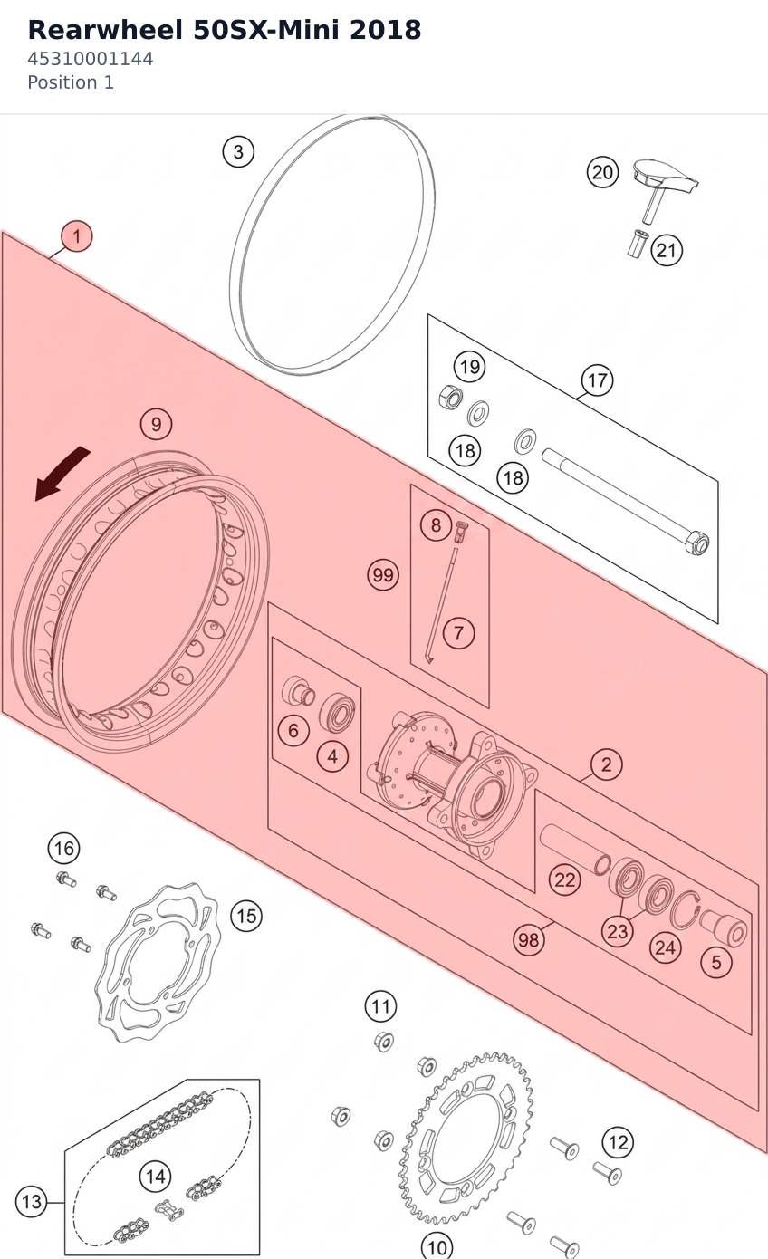 Diagram preview: Rearwheel 50SX-Mini 2018 (45310001144)