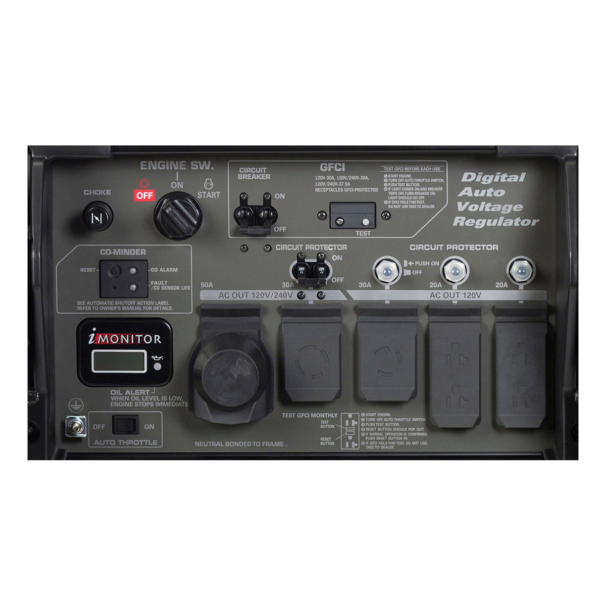 Honda EB10000 control panel with seven GFCI protected outlets and i-Monitor