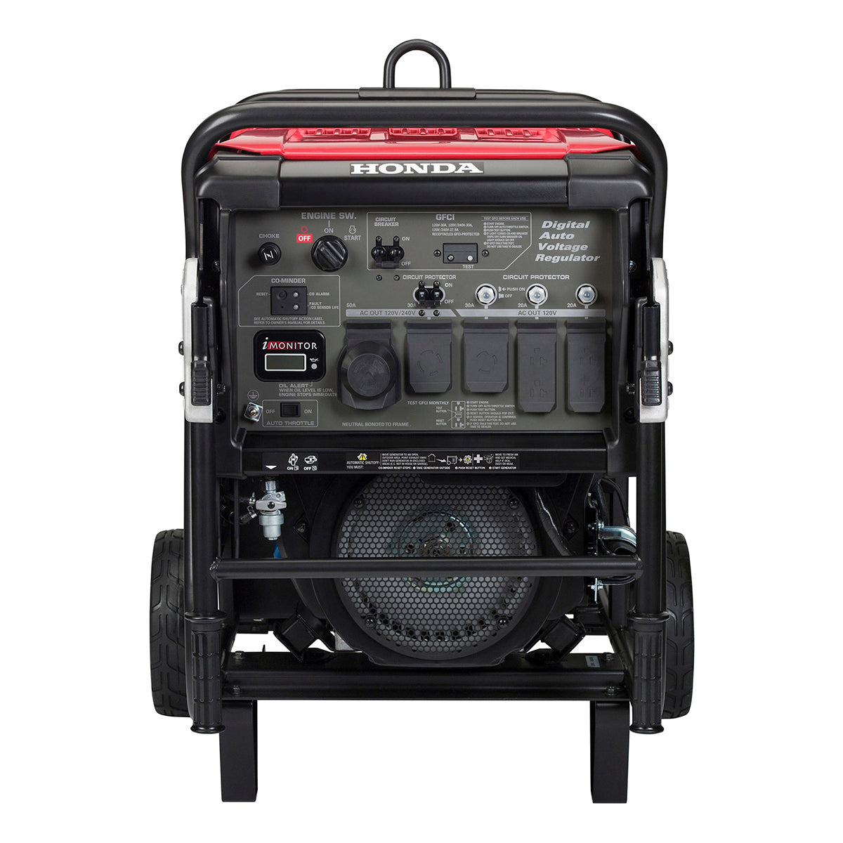 Front view of the Honda EB10000 industrial generator control panel