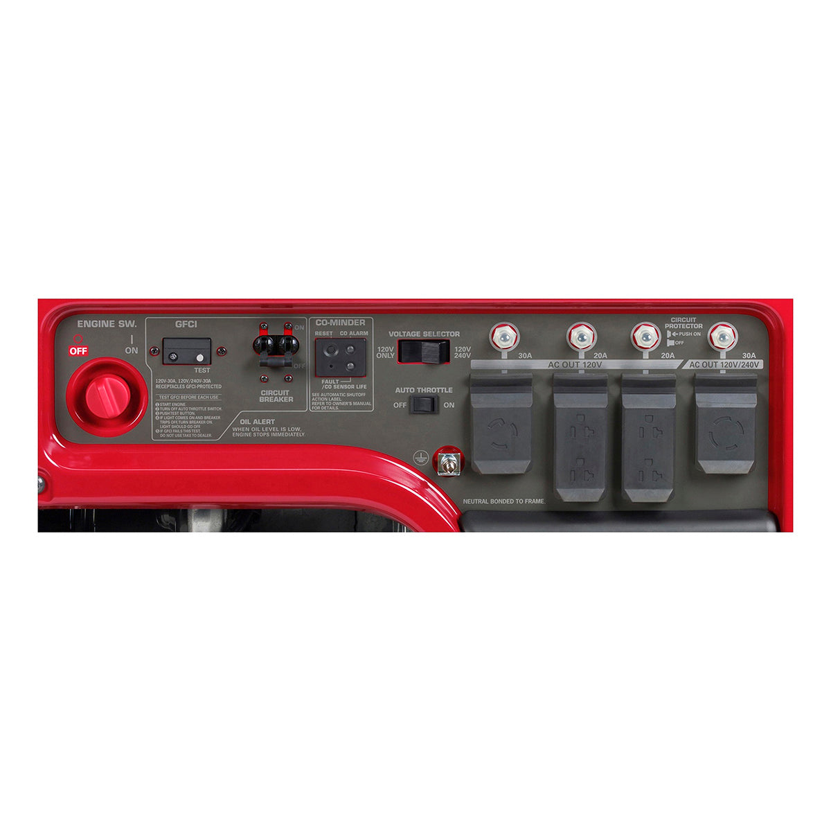 Honda EB5000 control panel with six fully GFCI protected outlets