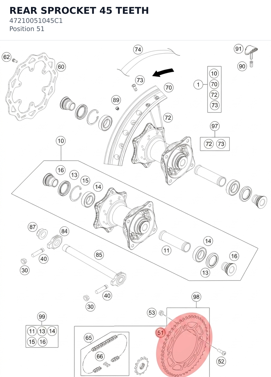 Diagram preview: REAR SPROCKET 45 TEETH (47210051045C1)