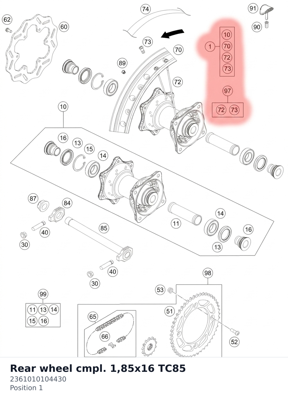 Diagram preview: Rear wheel cmpl. 1,85x16 TC85 (2361010104430)