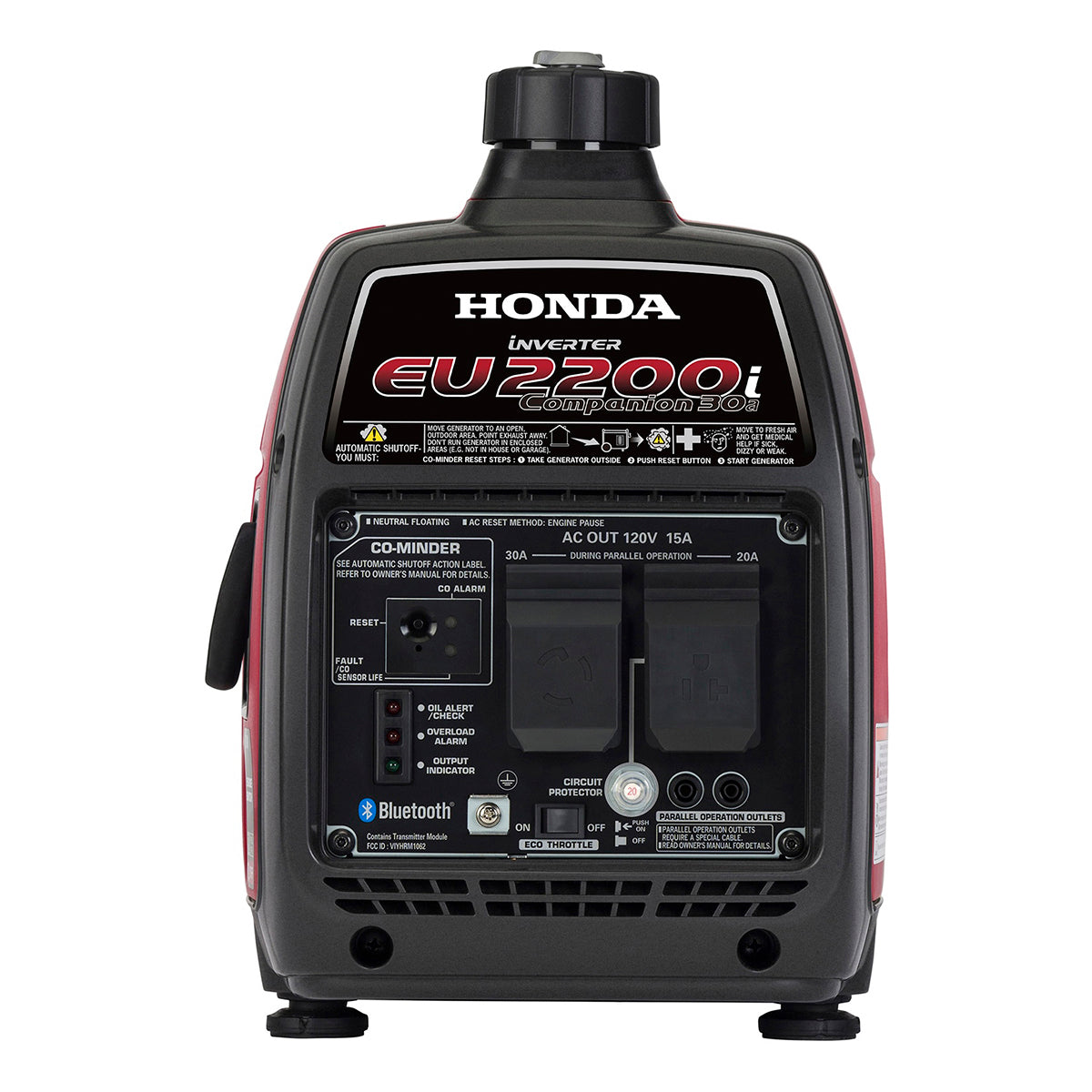 Front view of the Honda EU2200i Companion generator control panel