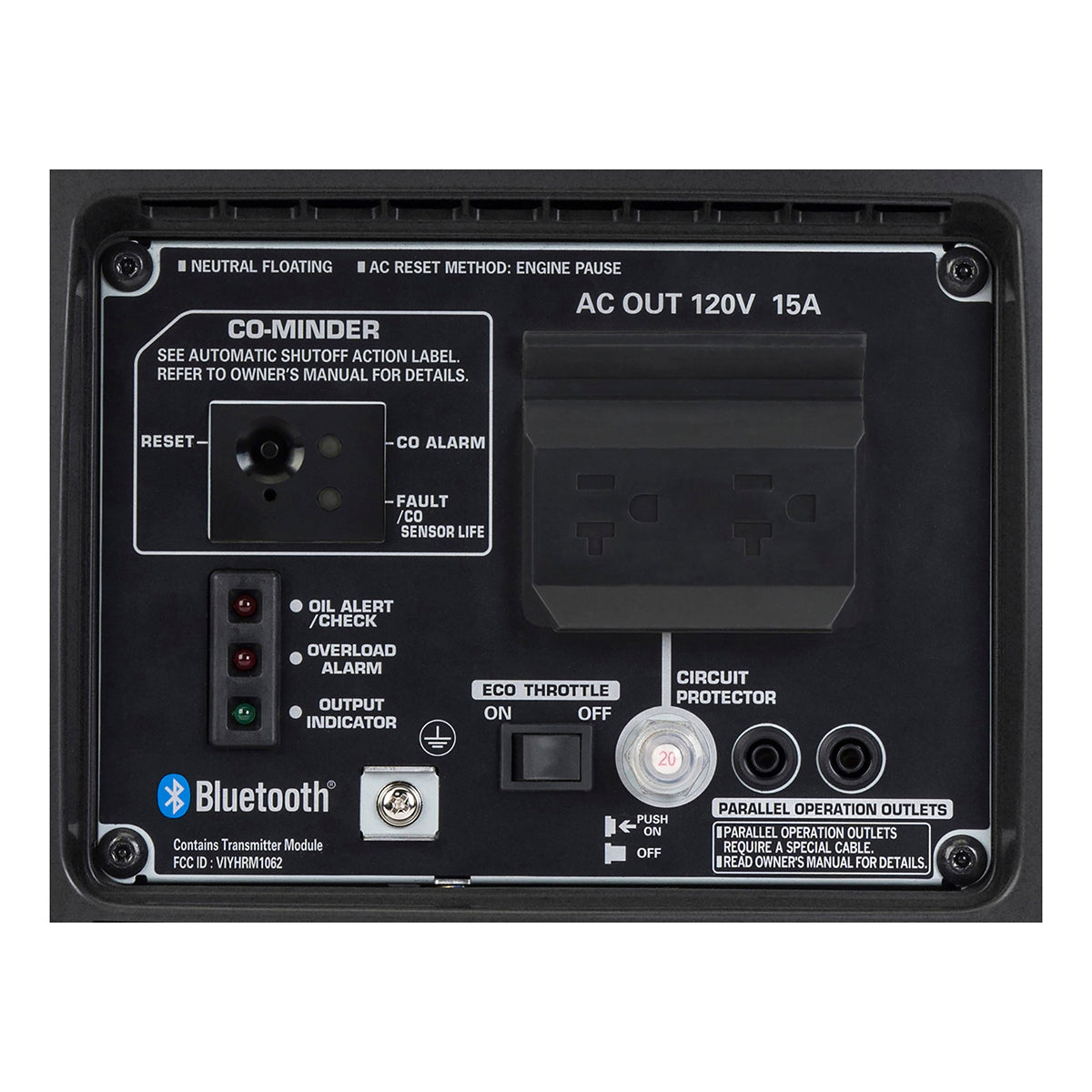 Honda EU2200i control panel with 20A 125V duplex outlets and Eco Throttle