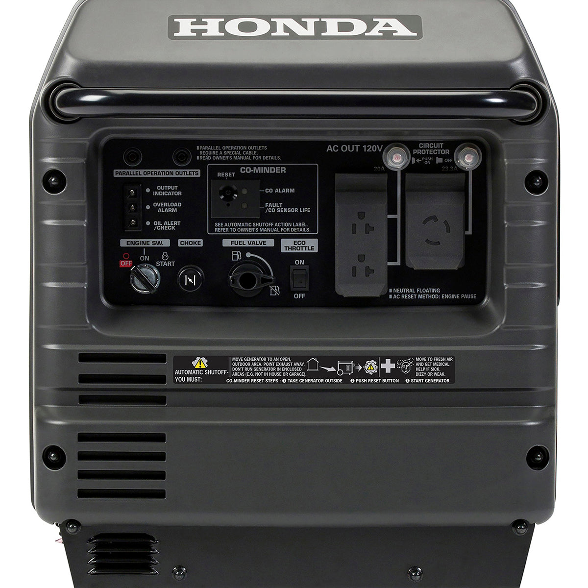 Front view of the Honda EU3000iS inverter generator