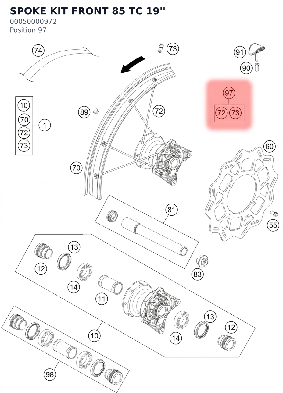 Diagram preview: SPOKE KIT FRONT 85 TC 19'' (00050000972)