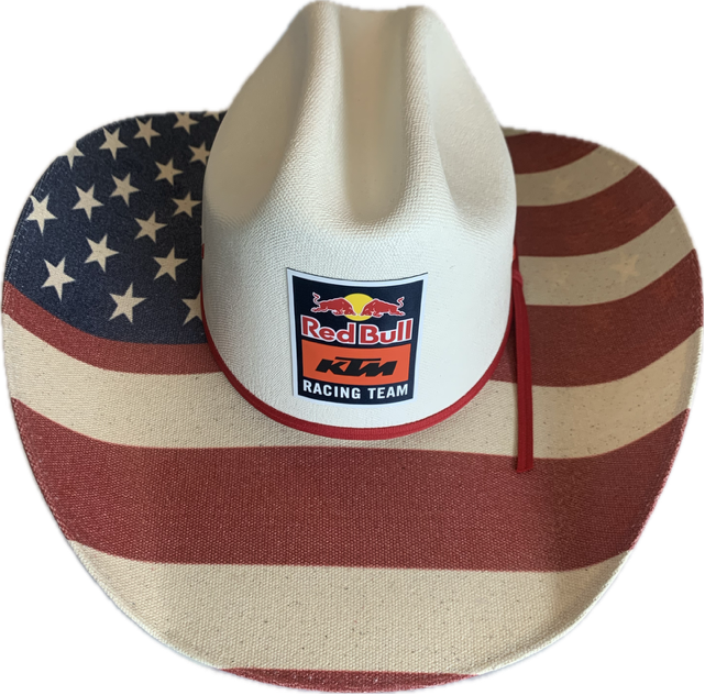 Cowboy hat with Red Bull KTM Racing Team logo on an American flag background