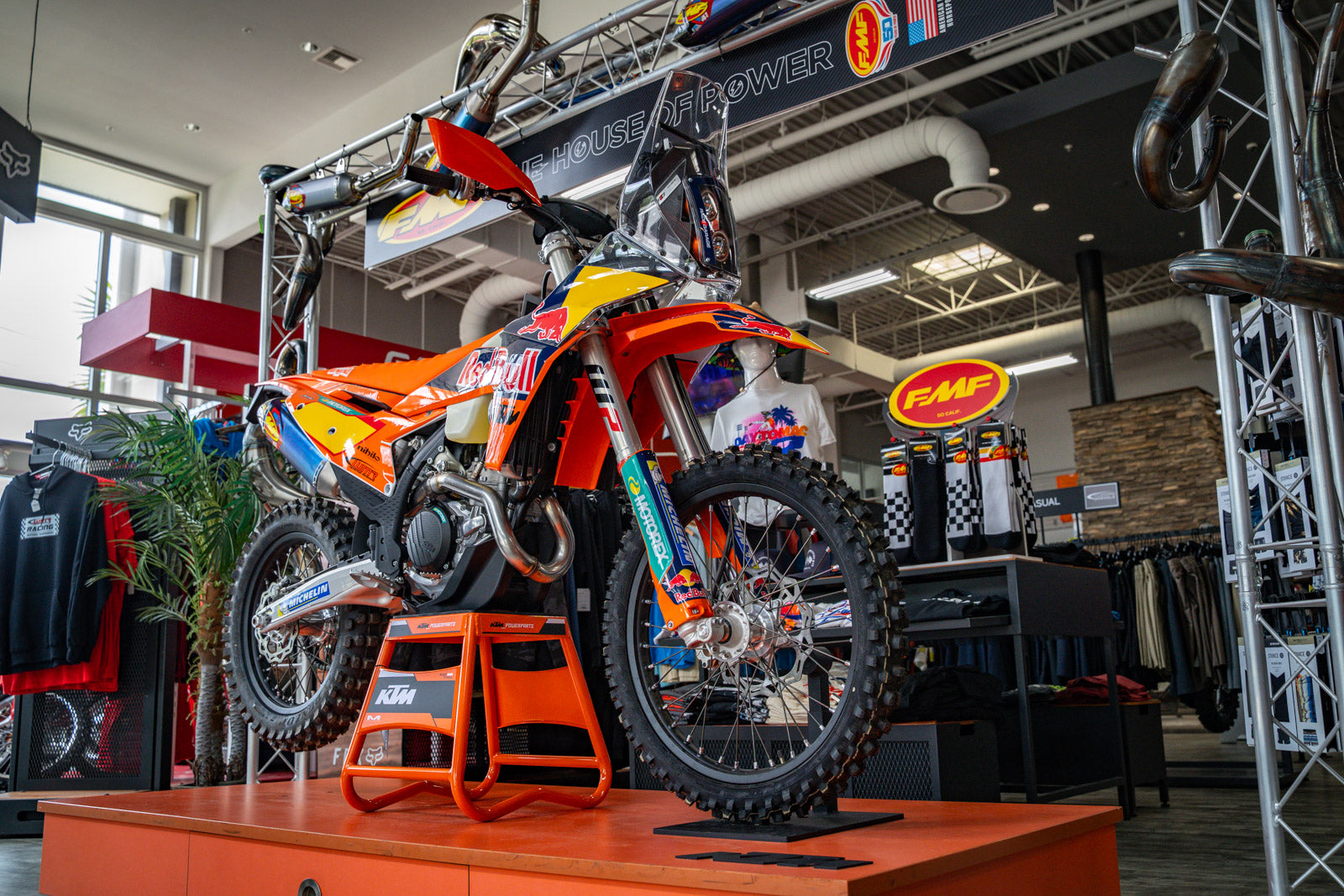 KTM 500 XW-F dirt bike on display in a showroom featuring all the Rally Kit accessories