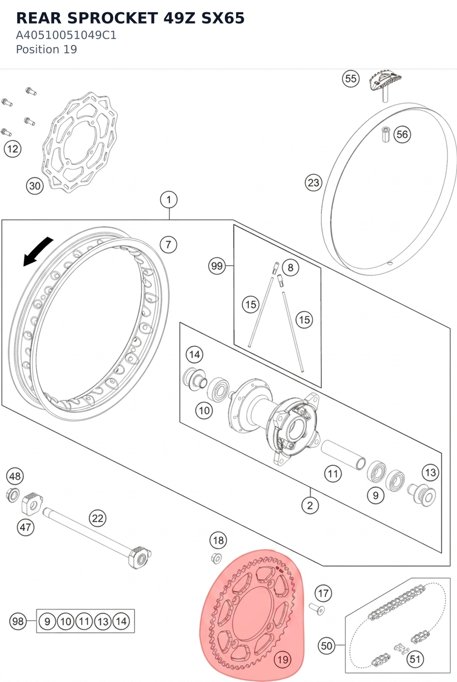 Diagram preview: REAR SPROCKET 49Z SX65 (A40510051049C1)