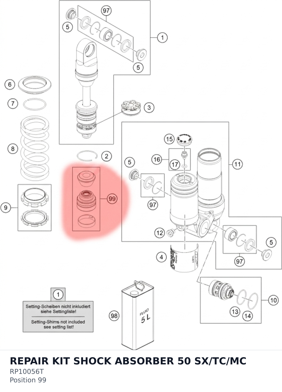 Diagram preview: REPAIR KIT SHOCK ABSORBER 50 SX/TC/MC (RP10056T)