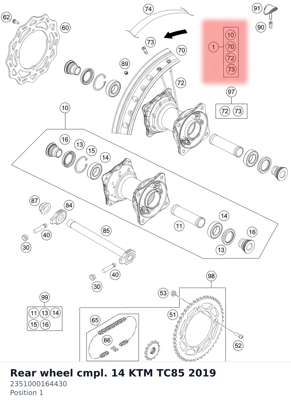Diagram preview: Rear wheel cmpl. 14   KTM TC85 2019 (2351000164430)