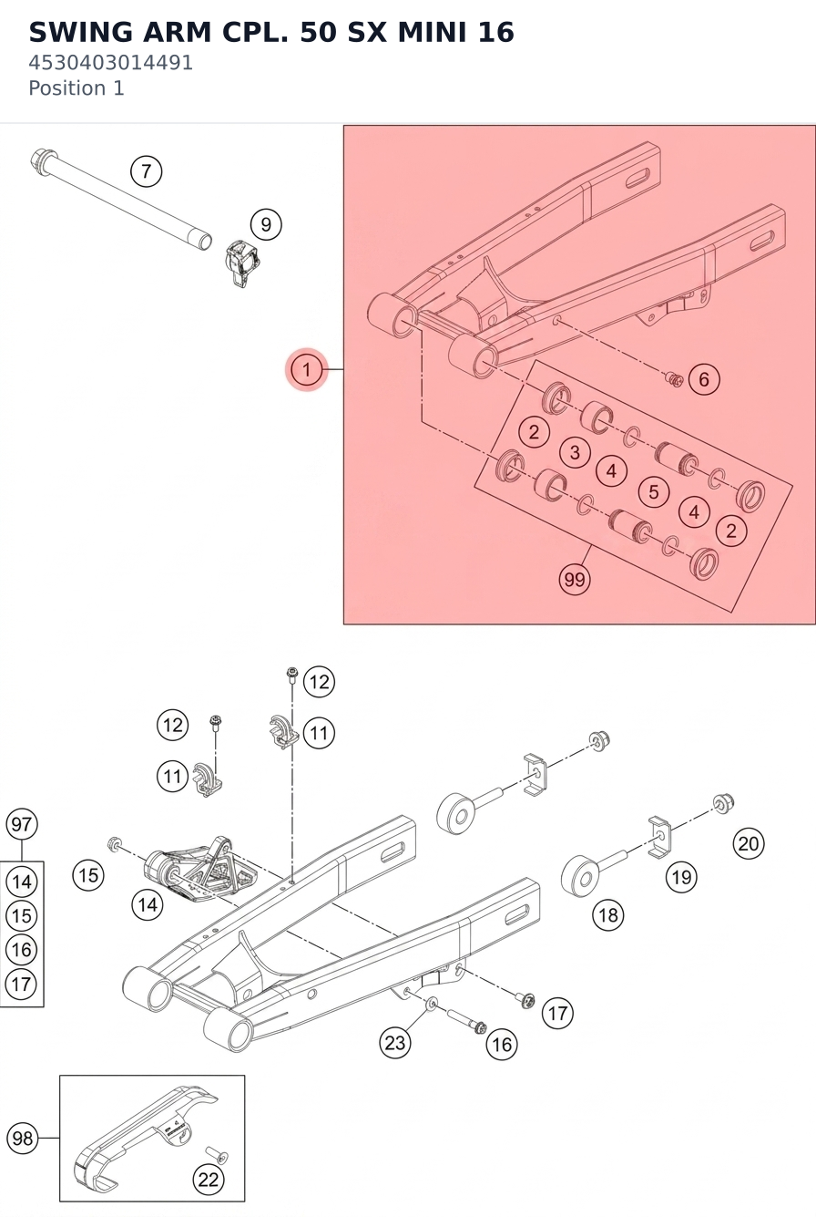Diagram preview: SWING ARM CPL. 50 SX MINI 16 (4530403014491)