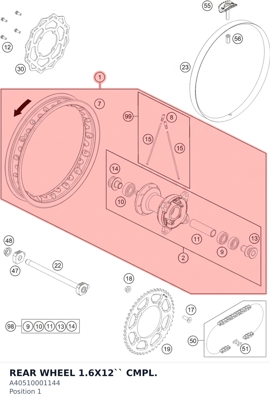 Diagram preview: REAR WHEEL 1.6X12`` CMPL. (A40510001144)