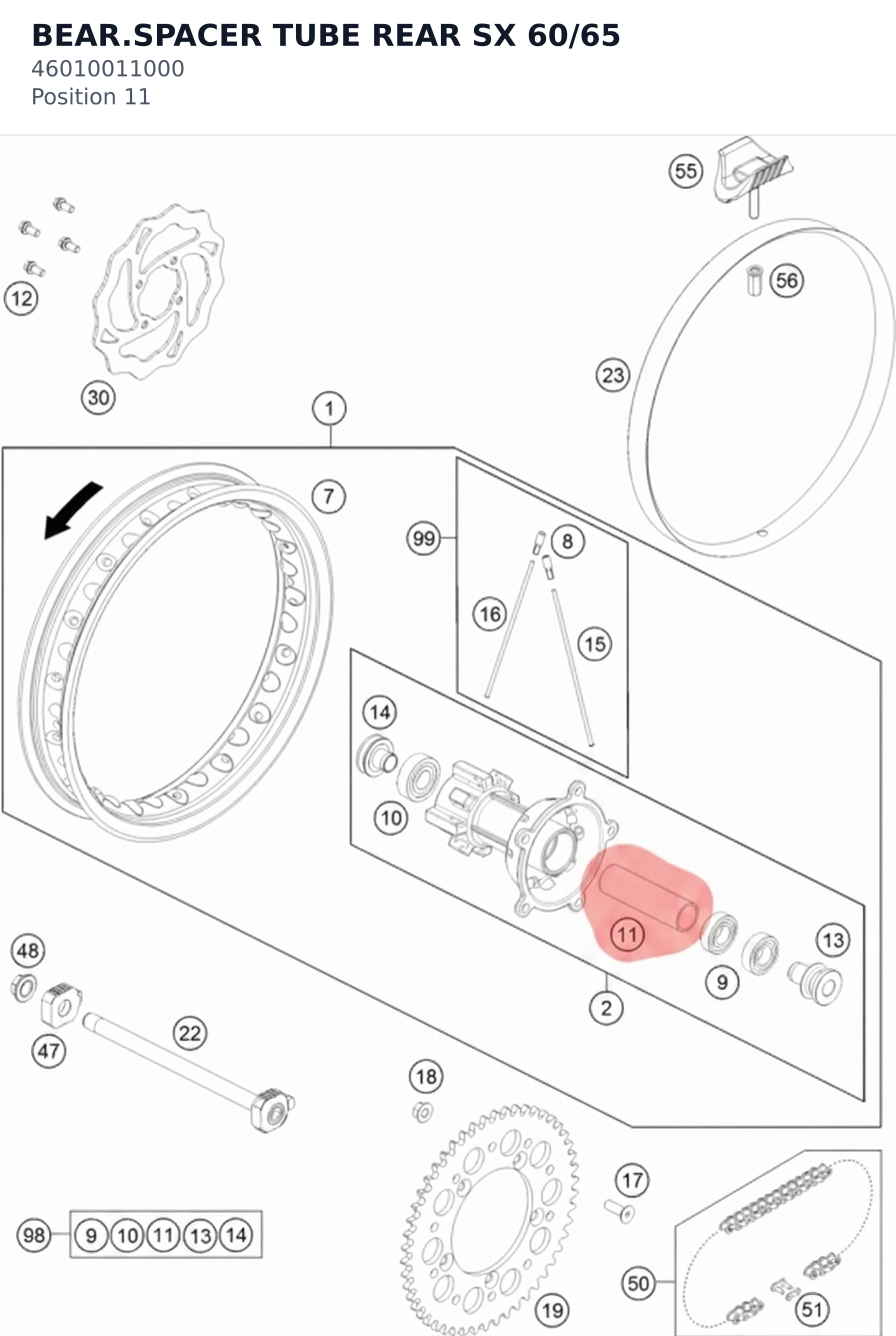 Diagram preview: BEAR.SPACER TUBE REAR SX 60/65 (46010011000)