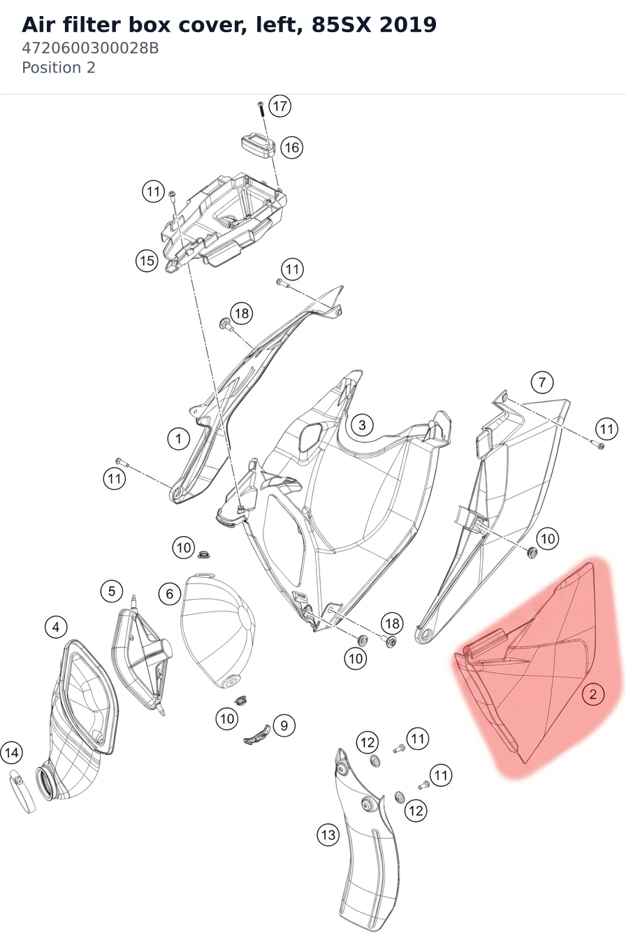 Diagram preview: Air filter box cover, left, 85SX 2019 (4720600300028B)