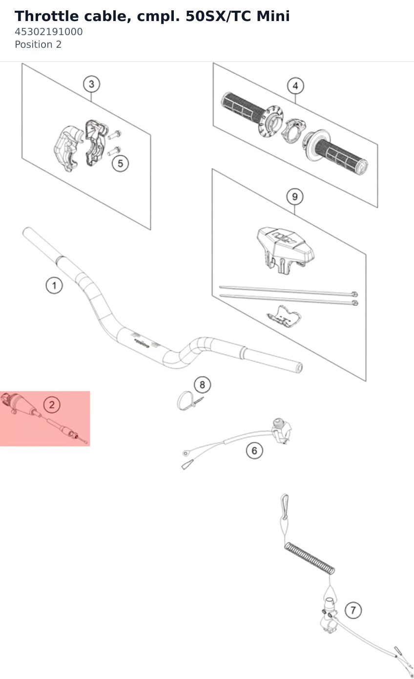 Diagram preview: Throttle cable, cmpl. 50SX/TC Mini (45302191000)