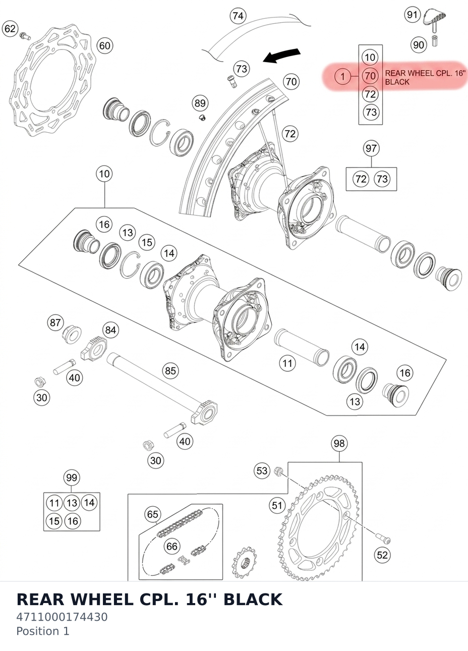 Diagram preview: REAR WHEEL CPL. 16'' BLACK (4711000174430)