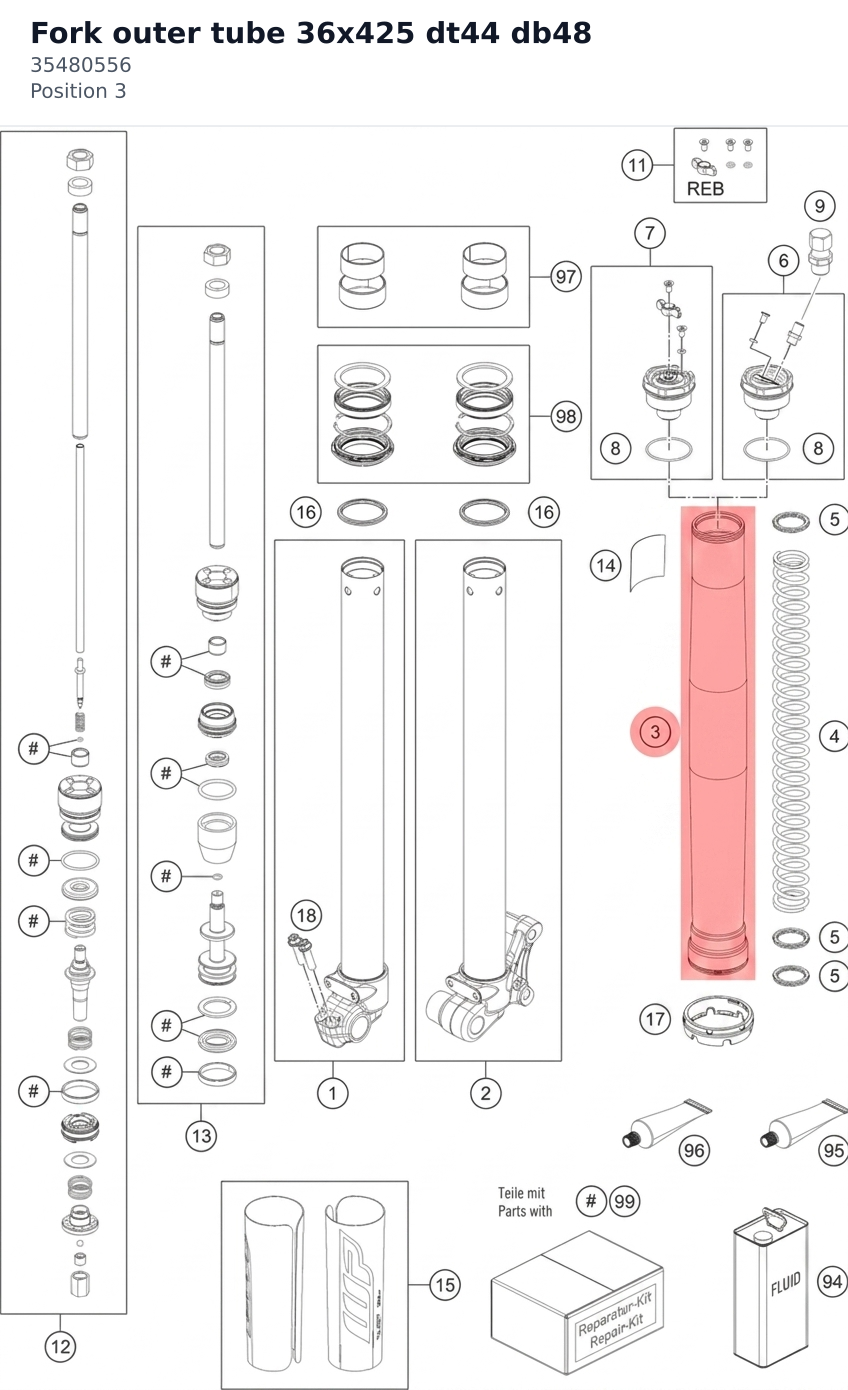 Diagram preview: Fork outer tube 36x425 dt44 db48 (35480556)