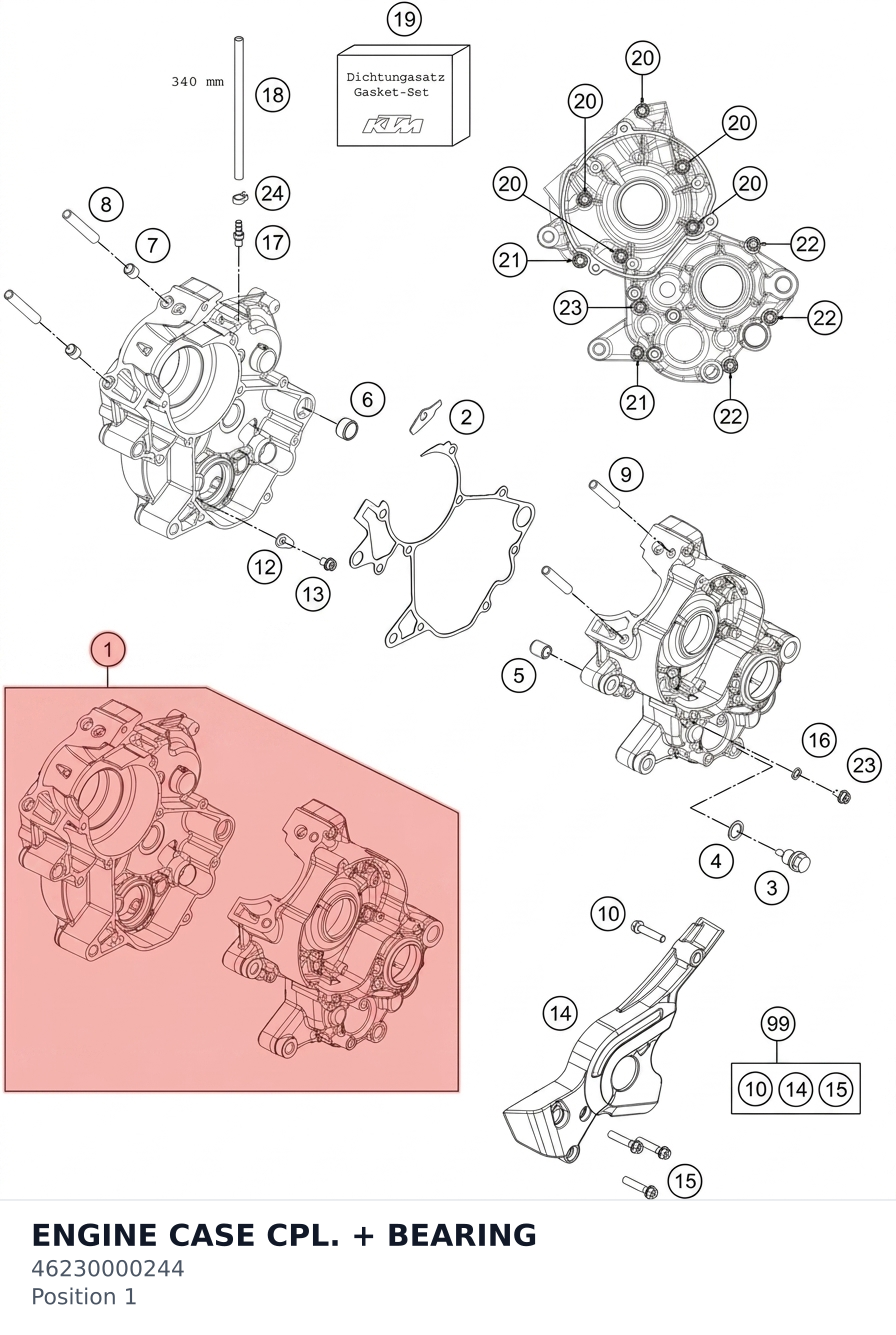 Diagram preview: ENGINE CASE CPL. + BEARING (46230000244)