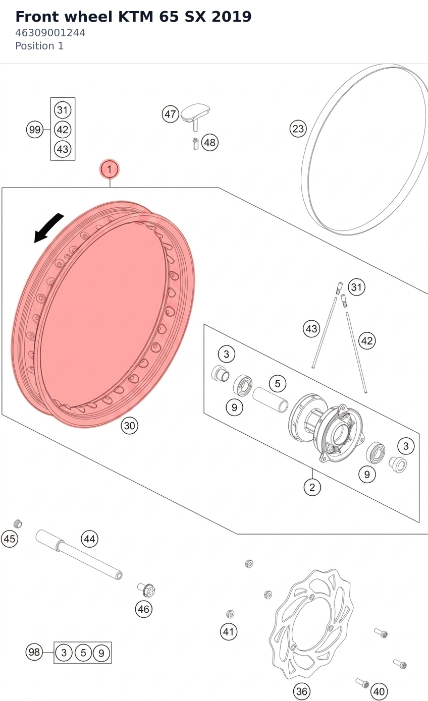 Diagram preview: Front wheel KTM 65 SX 2019 (46309001244)