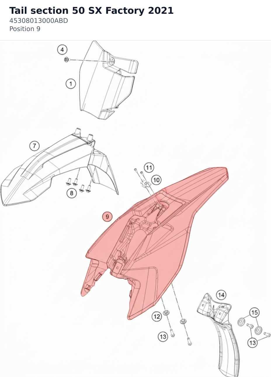 Diagram preview: Tail section 50 SX Factory 2021 (45308013000ABD)