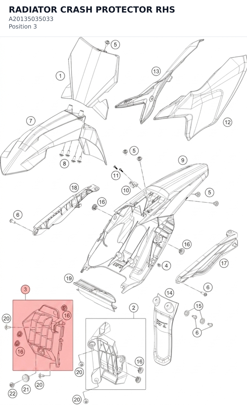 Diagram preview: RADIATOR CRASH PROTECTOR RHS (A20135035033)
