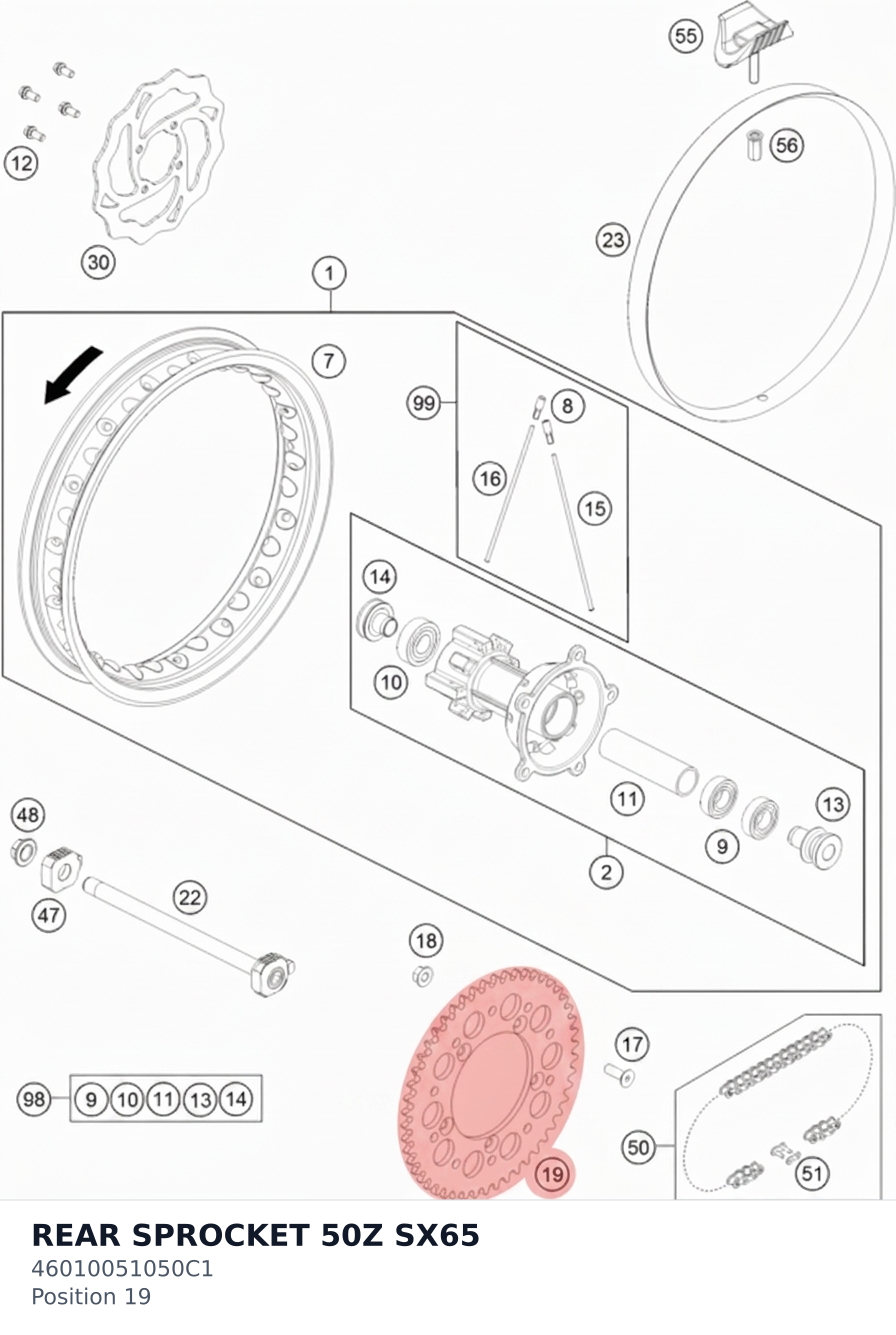 Diagram preview: REAR SPROCKET 50Z SX65 (46010051050C1)