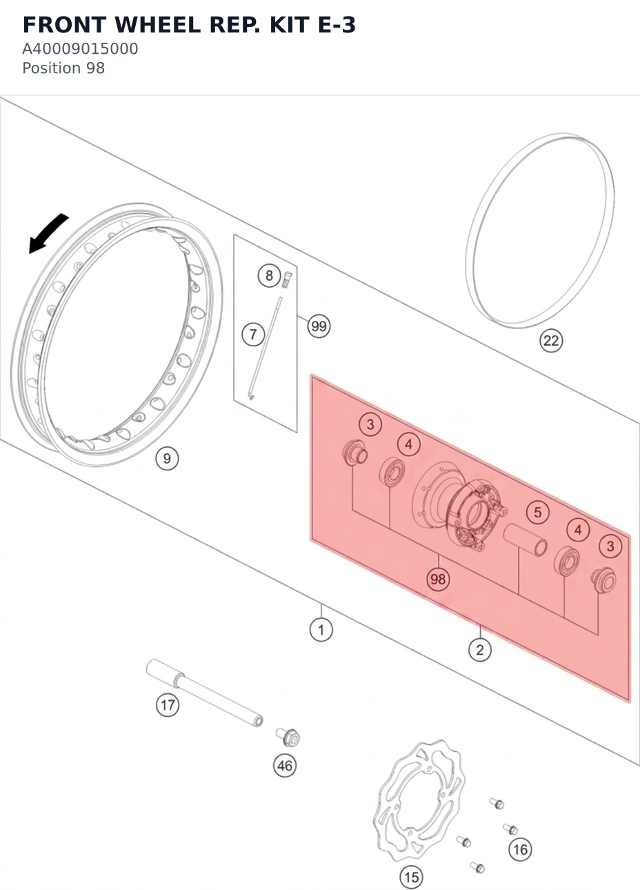 Diagram preview: FRONT WHEEL REP. KIT E-3 (A40009015000)