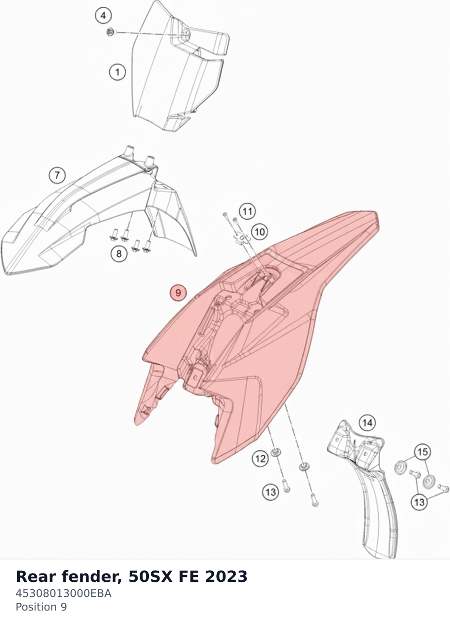 Diagram preview: Rear fender, 50SX FE 2023 (45308013000EBA)