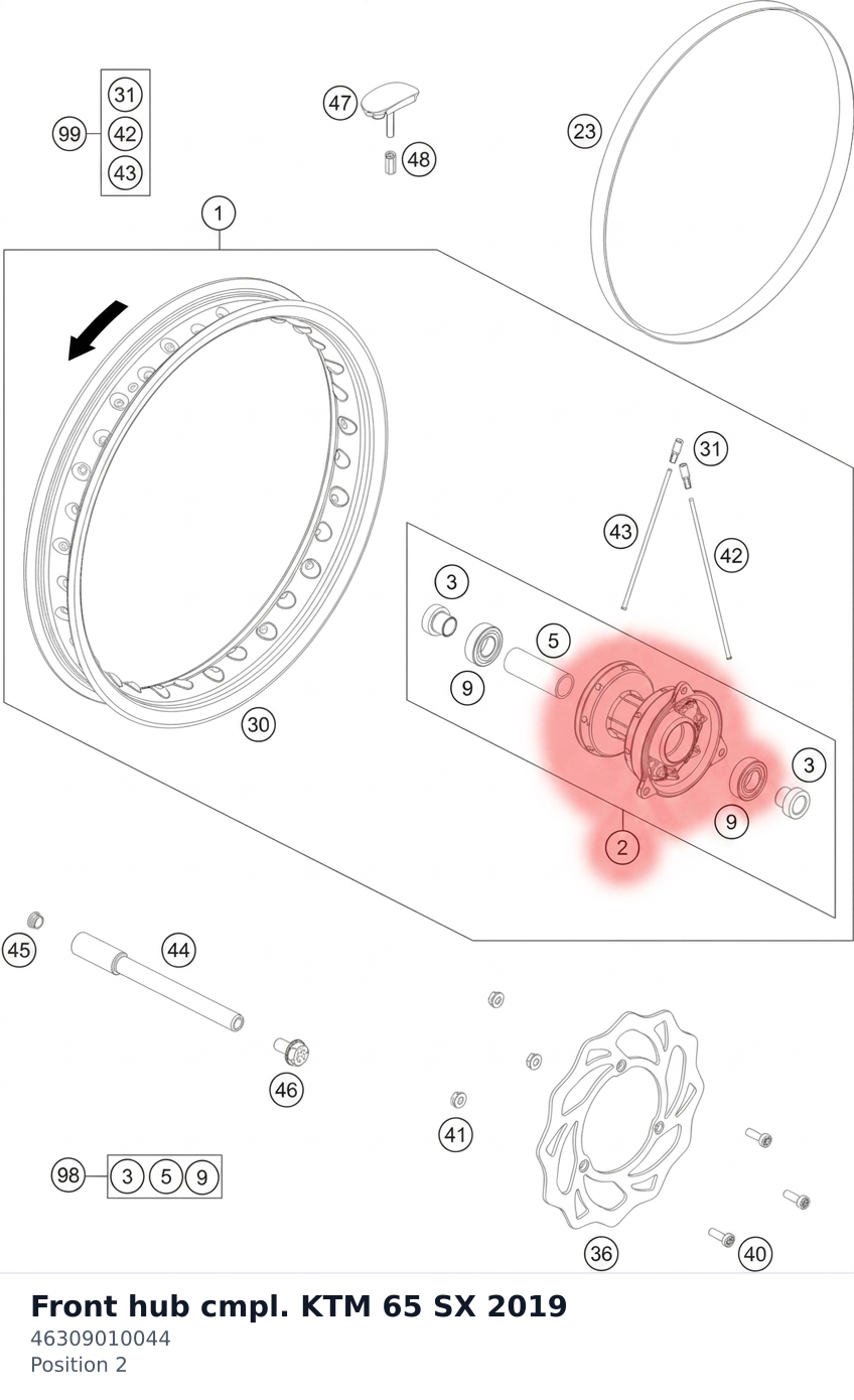 Diagram preview: Front hub cmpl. KTM 65 SX 2019 (46309010044)