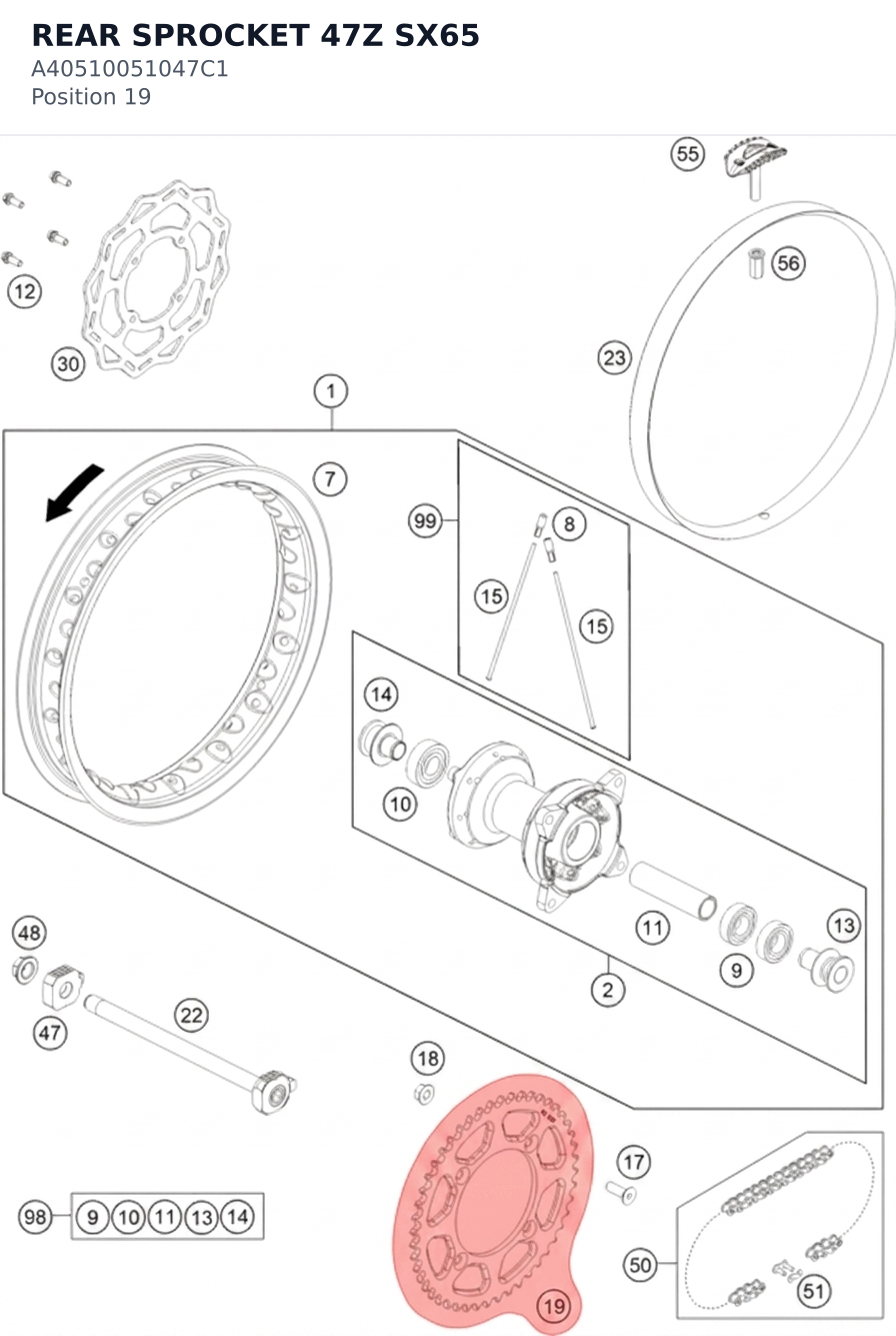 Diagram preview: REAR SPROCKET 47Z SX65 (A40510051047C1)
