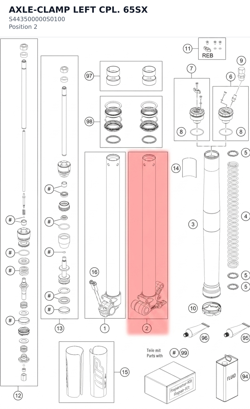 Diagram preview: AXLE-CLAMP LEFT CPL. 65SX (S443500000S0100)