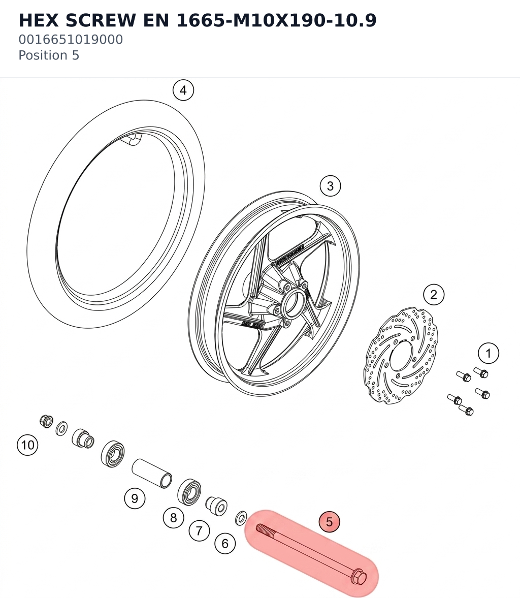 Diagram preview: HEX SCREW EN 1665-M10X190-10.9 (0016651019000)