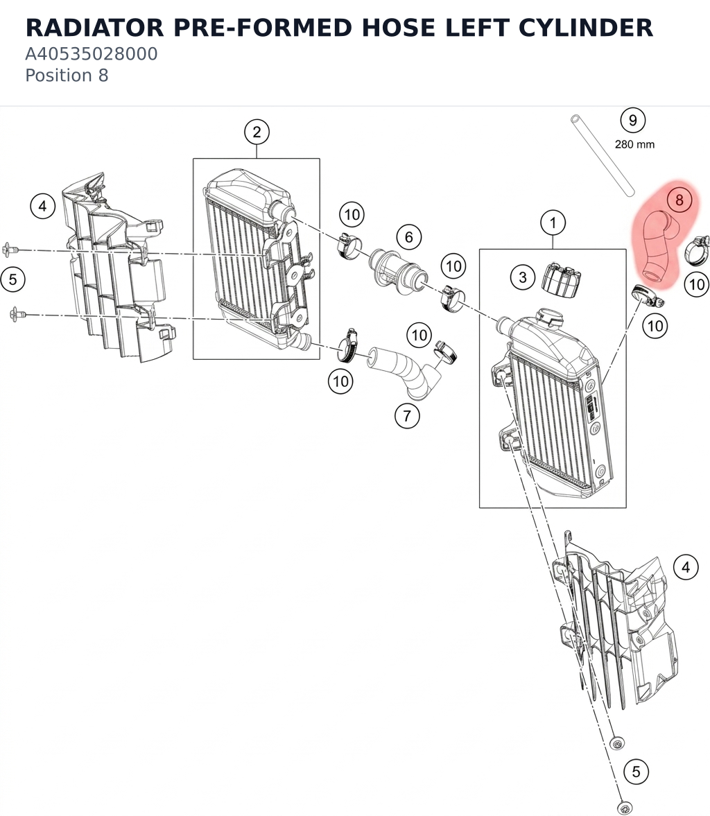 Diagram preview: RADIATOR PRE-FORMED HOSE LEFT CYLINDER (A40535028000)
