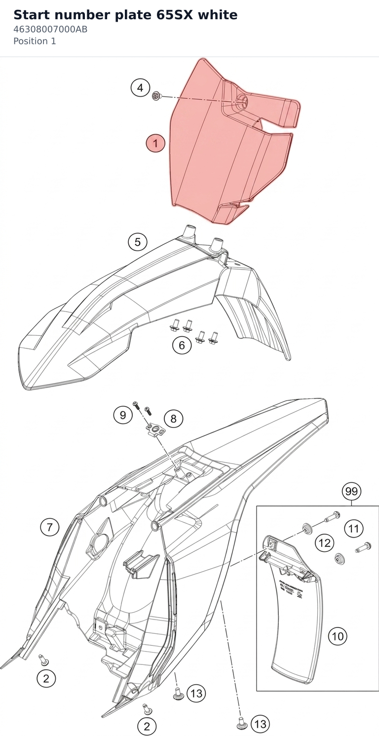 Diagram preview: Start number plate 65SX white (46308007000AB)
