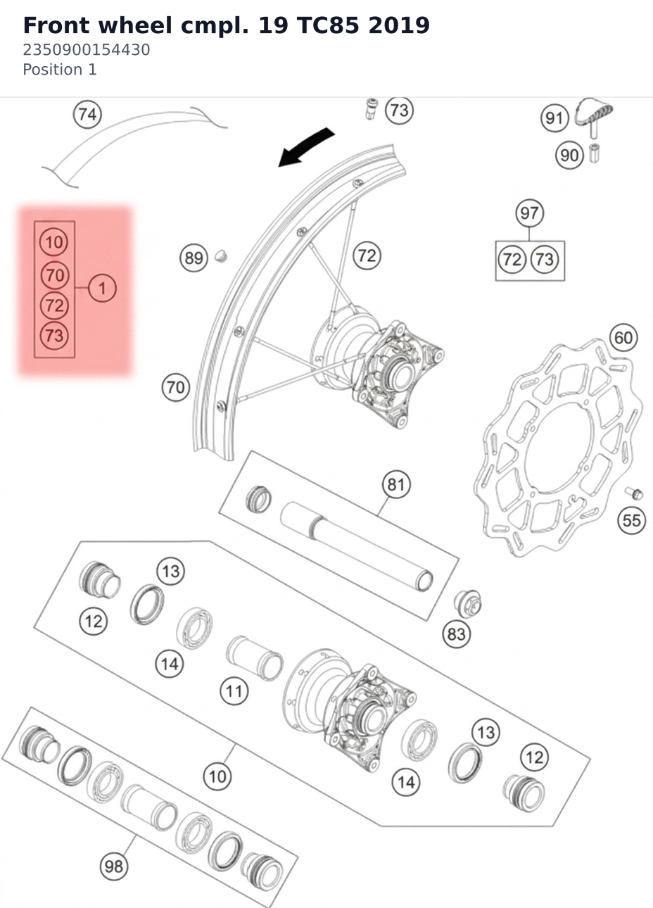 Diagram preview: Front wheel cmpl. 19  TC85 2019 (2350900154430)