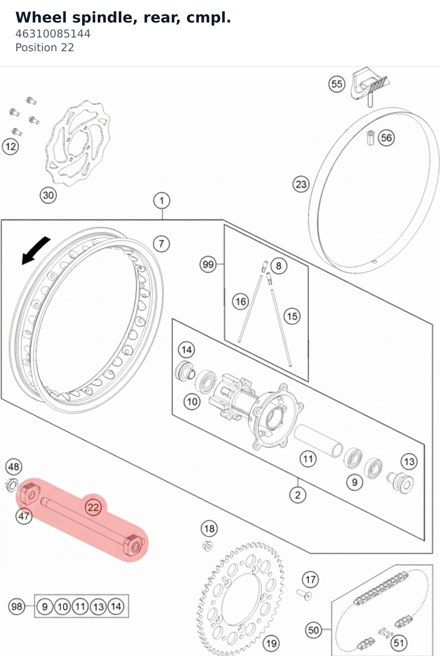 Diagram preview: Wheel spindle, rear, cmpl. (46310085144)