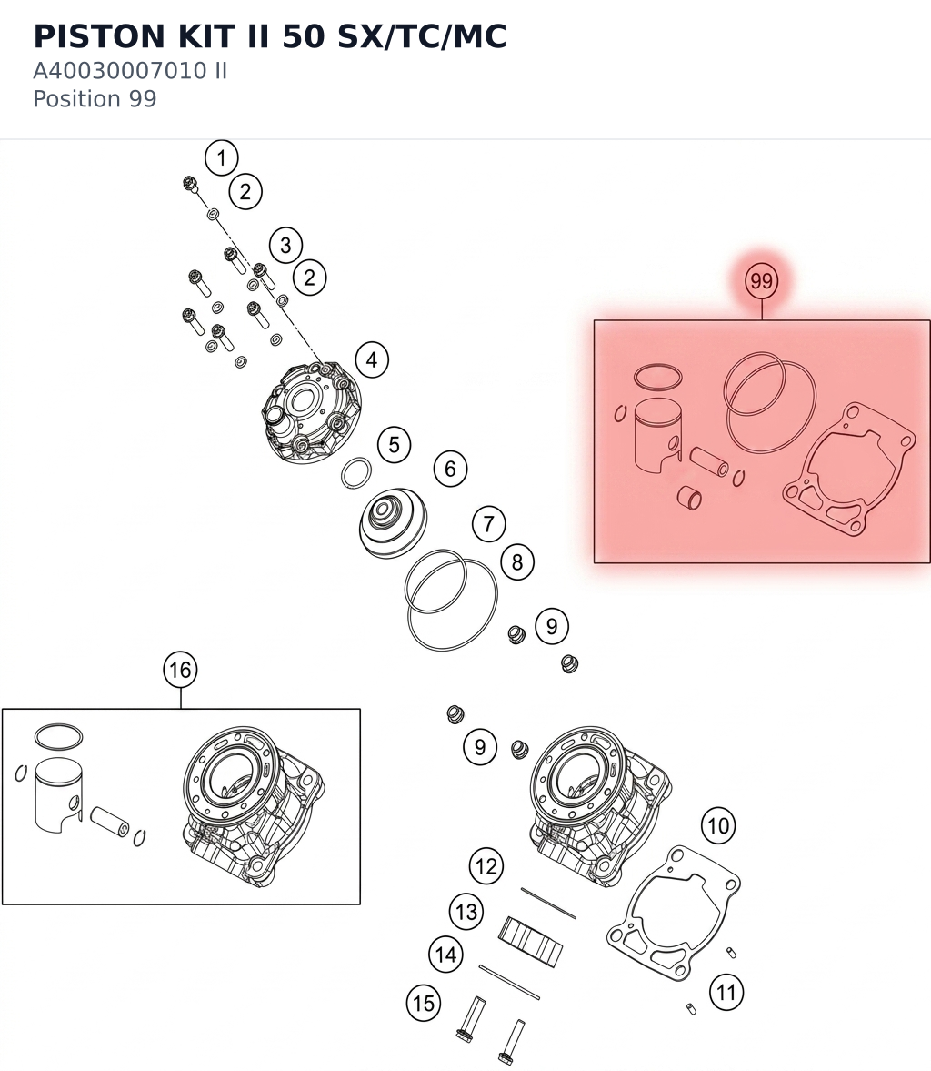 Diagram preview: PISTON KIT II 50 SX/TC/MC (A40030007010 II)
